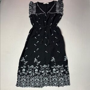 Abercrombie & Fitch Black Midi Dress with Blue Floral Embroidery Ruffle Sleeves